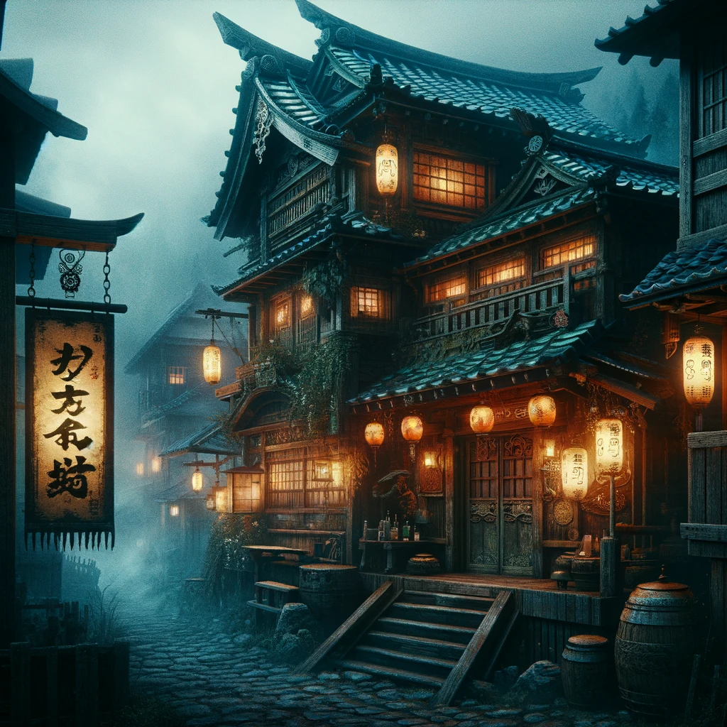 A ChatGPT created image of an atmospheric night scene of a traditional Japanese-style tavern, illuminated by warm, glowing lanterns with intricate designs. The wooden buildings have detailed architecture with curved roofs, contributing to an immersive world-building experience.