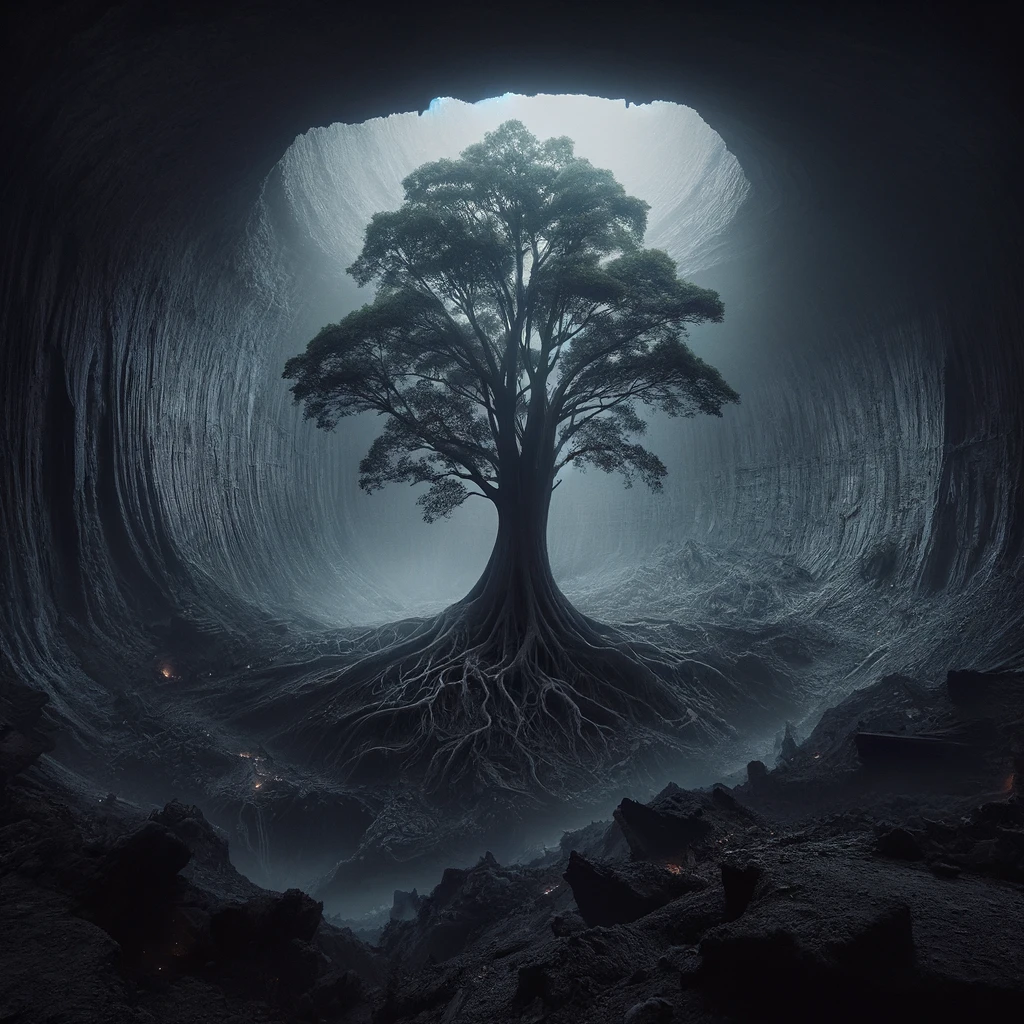 A ChatGPT created image of a majestic, ancient tree with extensive roots is depicted in a vast, cavernous underground space. The tree is bathed in ethereal light filtering from above, symbolizing the heart of a fantasy world-building setting.
