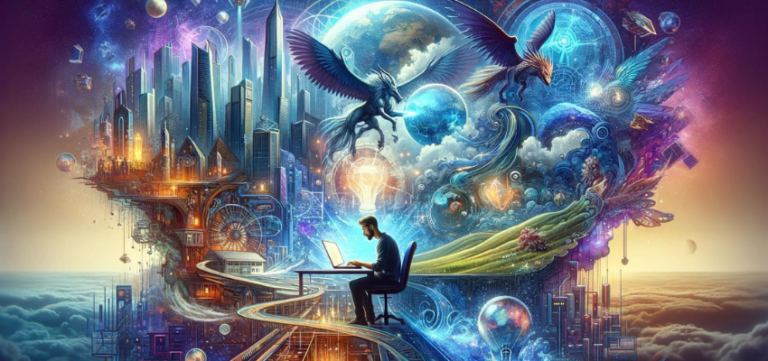 This image features a blend of a futuristic cityscape and a magical fantasy world merging together. In the foreground, an author is typing on a laptop, with ideas visually flowing from the screen into the two merging worlds. The background showcases elements like towering skyscrapers, floating islands, dragons, and advanced technology. The overall colour scheme is vibrant, with a mix of blues, purples, and golds, creating a sense of creativity and innovation. This image is created by ChatGPT for a blog post about world-building.